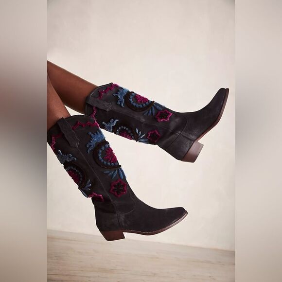 Free People Roundhouse Stitch embroidered Boot in Black...